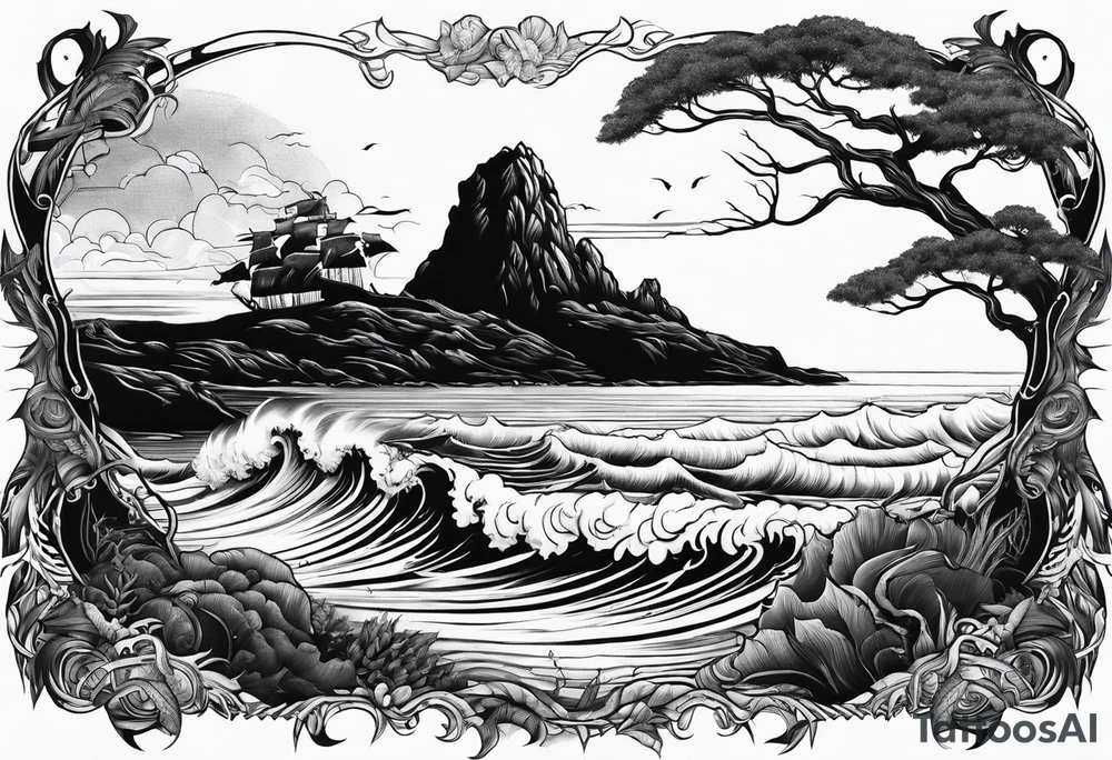 Ocean scene with a defender of man warrior and a tree tattoo idea