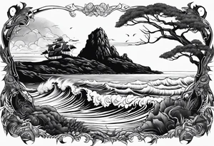 Ocean scene with a defender of man warrior and a tree tattoo idea
