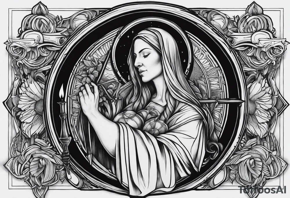 A full back piece themed on the surname mcbride. It should not have any faces in it. It should take inspiration from artwork of saint bridget holding fire in her hands. It should have the text Vincit Pericula Virtus on it tattoo idea