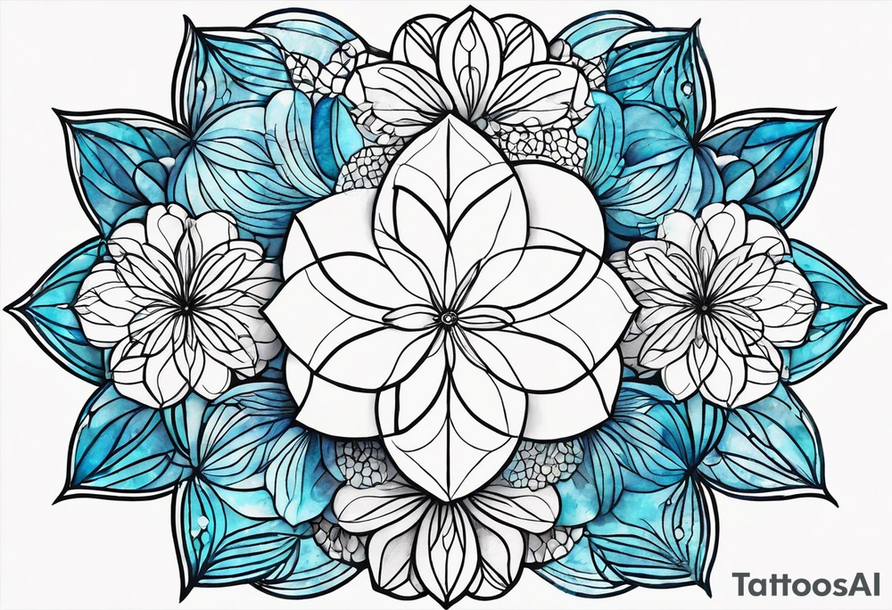 Linear minimalistic flower of life  with abstract floral patern in blue linear design tattoo idea