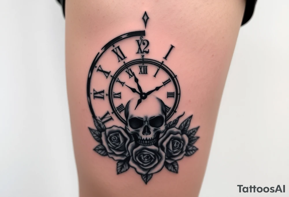 Broken Clock face 11:43 as set time. With 7 roses and skull looking to the clock feminine tattoo idea