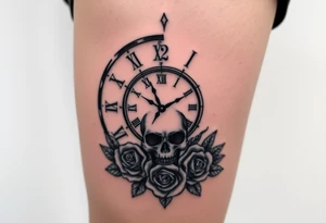 Broken Clock face 11:43 as set time. With 7 roses and skull looking to the clock feminine tattoo idea