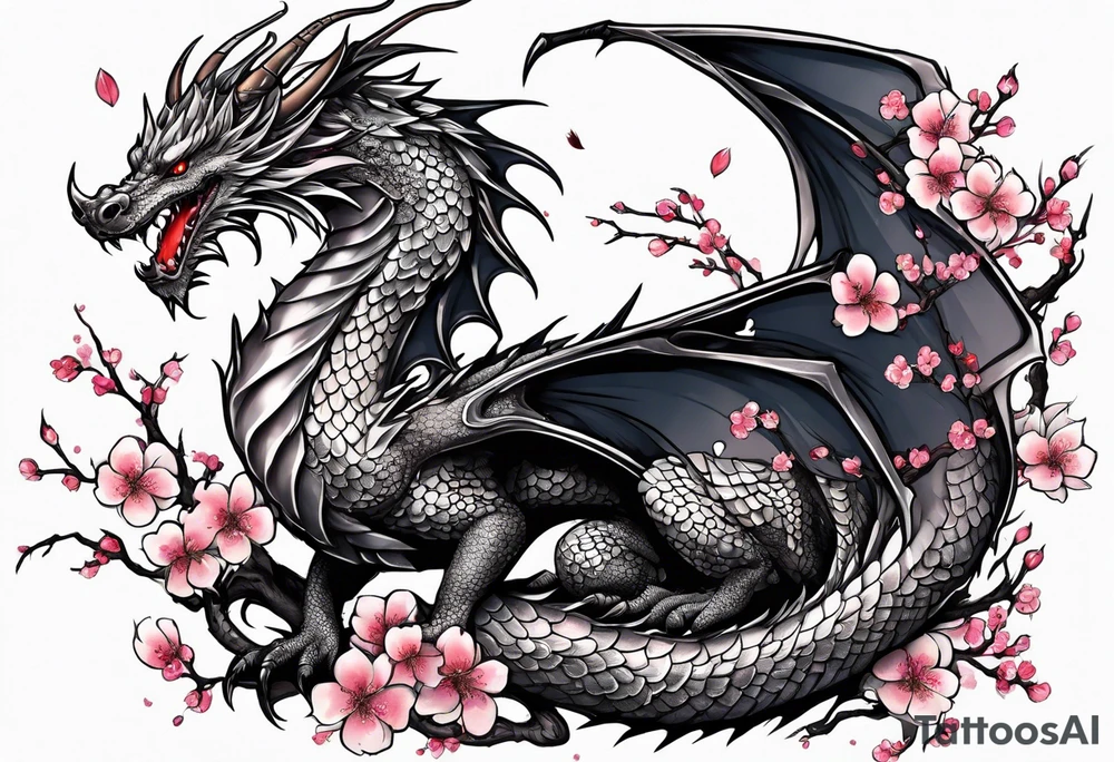 A dragon with wings covered in cherry blossoms on the thigh tattoo idea