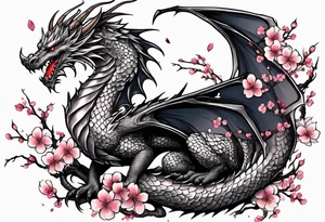 A dragon with wings covered in cherry blossoms on the thigh tattoo idea