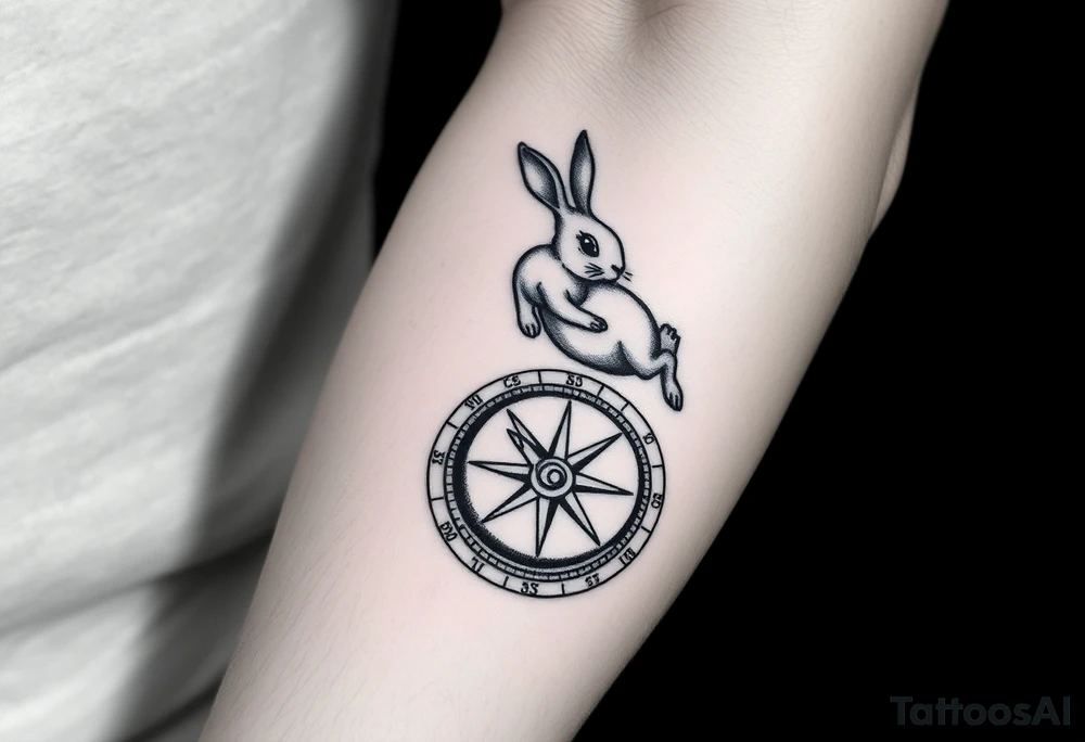 Rabbit jumping on top the compass that looks like a rabbit hole. tattoo idea