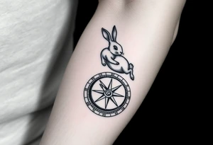 Rabbit jumping on top the compass that looks like a rabbit hole. tattoo idea