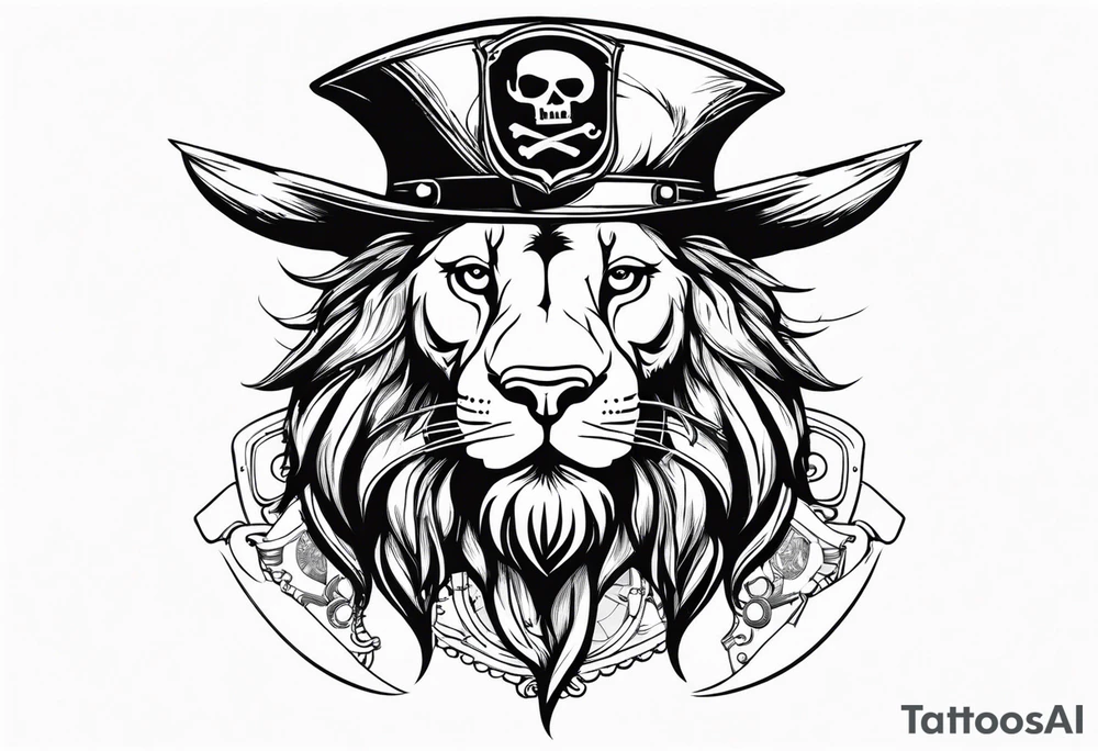 Pirate lion wearing jacket, sword and pistol, nautical steampunk theme. dreadlocks. pirate vessel tattoo idea