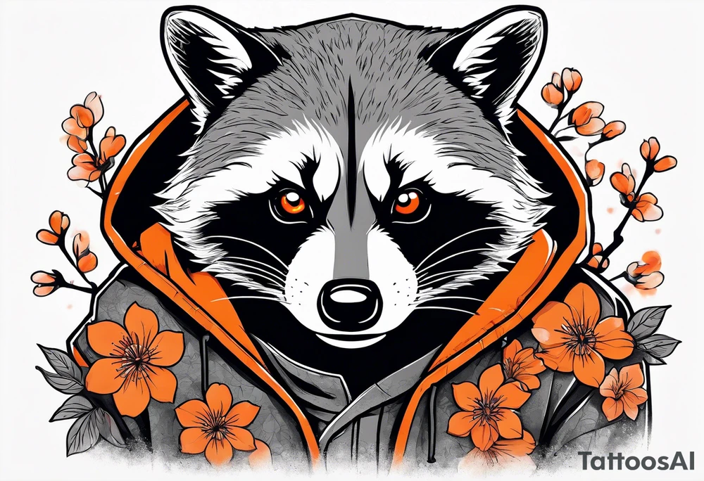 raccoon wearing a black and white Superman hoodie and orange Japanese cherry blossoms tattoo idea