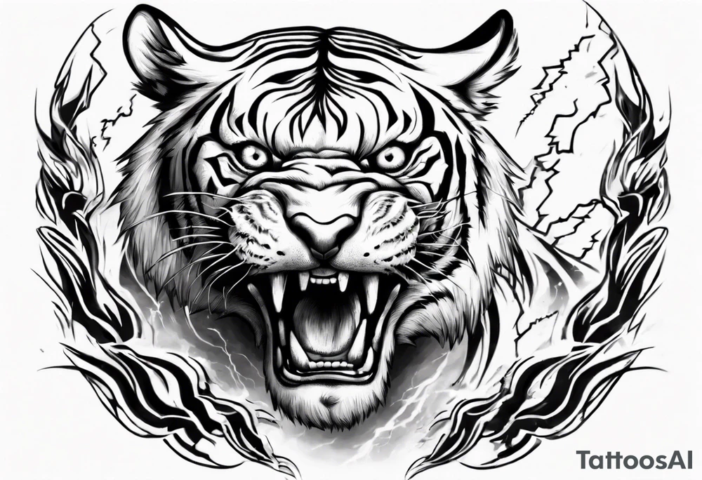 mythical ferocious tiger with lightning around it. The tattoo is for a forearm sleeve tattoo idea