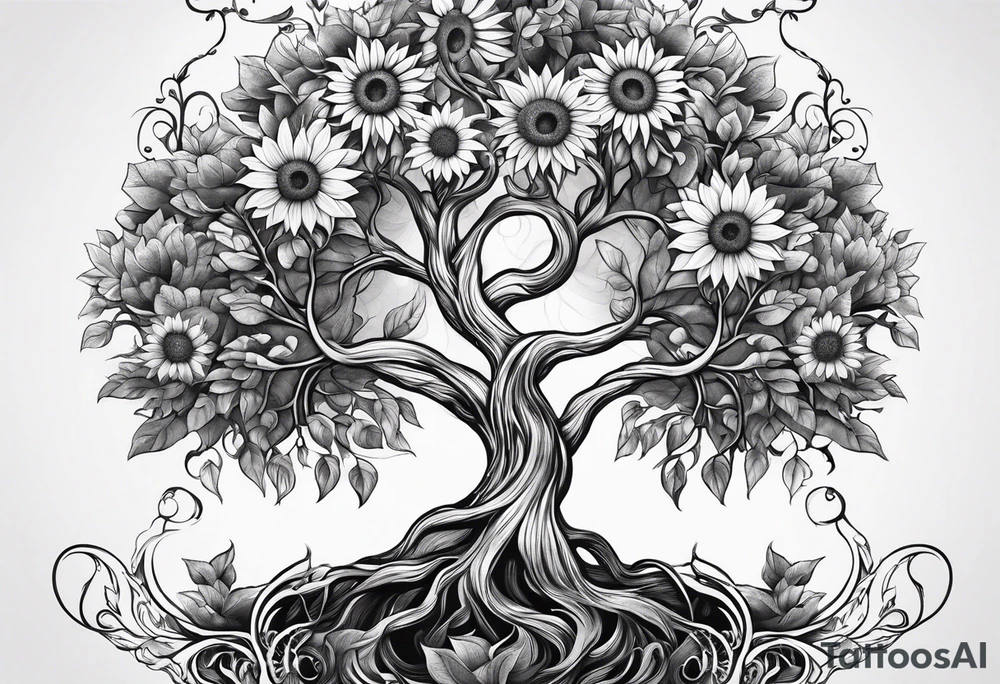 Feminine Yggdrasil tree with two sunflowers tattoo idea Feminine Yggdrasil tree with two sunflowers tattoo idea