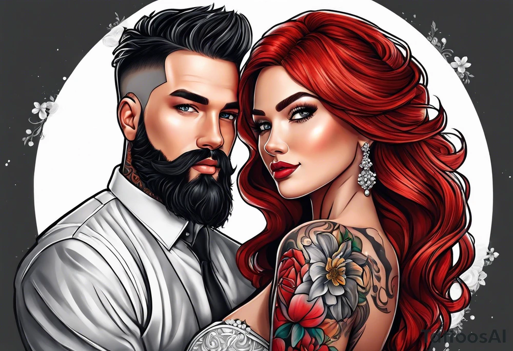 Busty red haired woman and a bearded man with black hair getting married tattoo idea