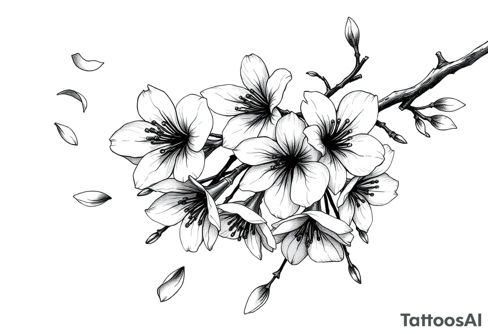 delicate cherry blossoms swirling in spring breeze with petals tattoo idea
