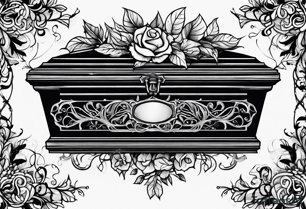 Coffin surrounded leafy vines tattoo idea