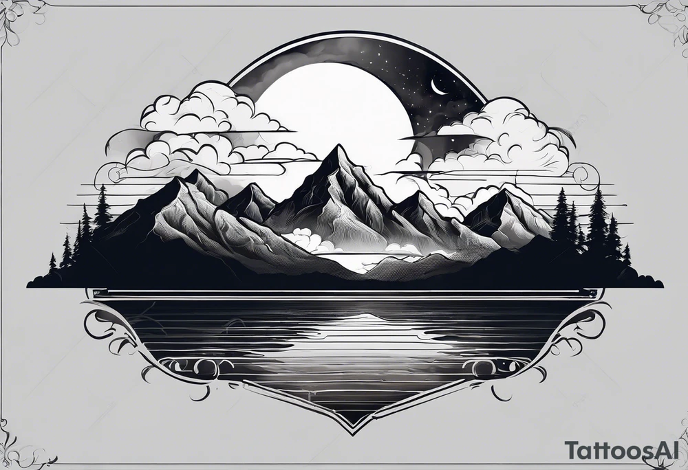 Mountain Range coming Out of the sea and Clouds. Sunrise in Front of it. Half moon and night Sky above the Mountains. tattoo idea