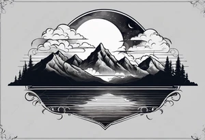 Mountain Range coming Out of the sea and Clouds. Sunrise in Front of it. Half moon and night Sky above the Mountains. tattoo idea