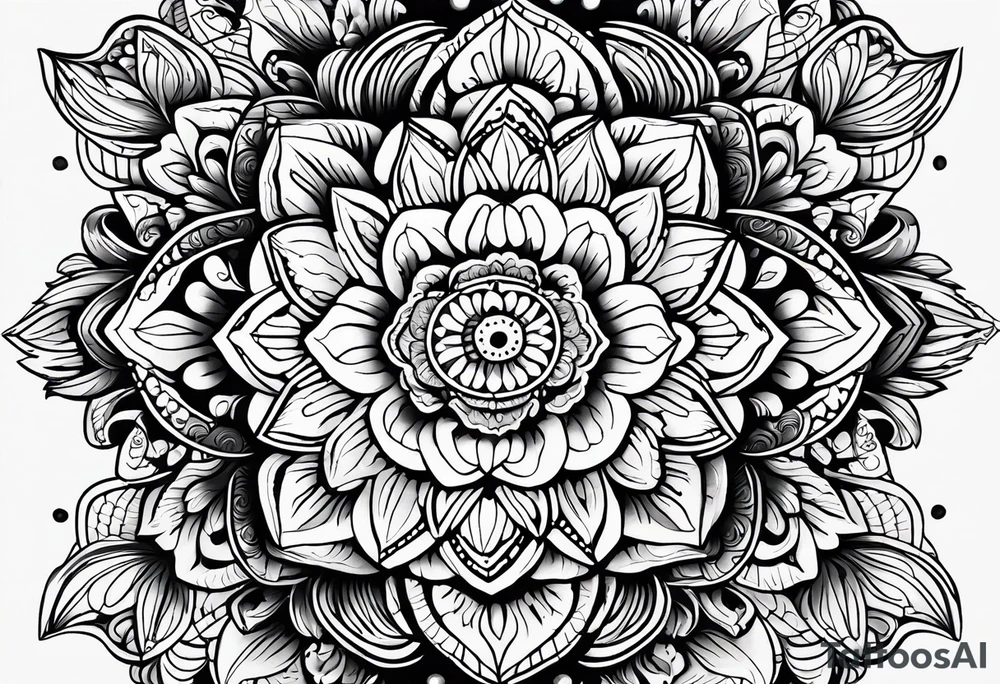 Mirrored style. Mexican flower mandala design minimalist fine line tattoo idea