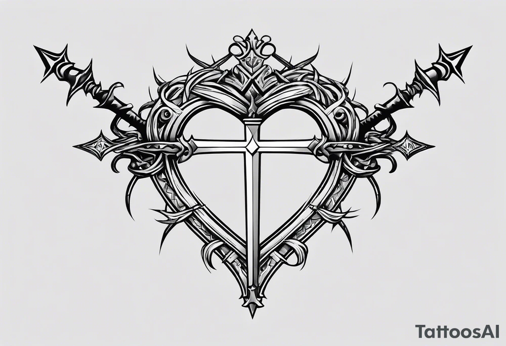 A simple design of a crown of thorns resting on a sword that is piercing a heart tattoo idea
