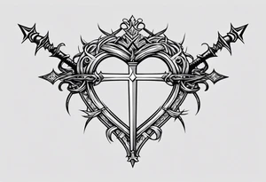 A simple design of a crown of thorns resting on a sword that is piercing a heart tattoo idea