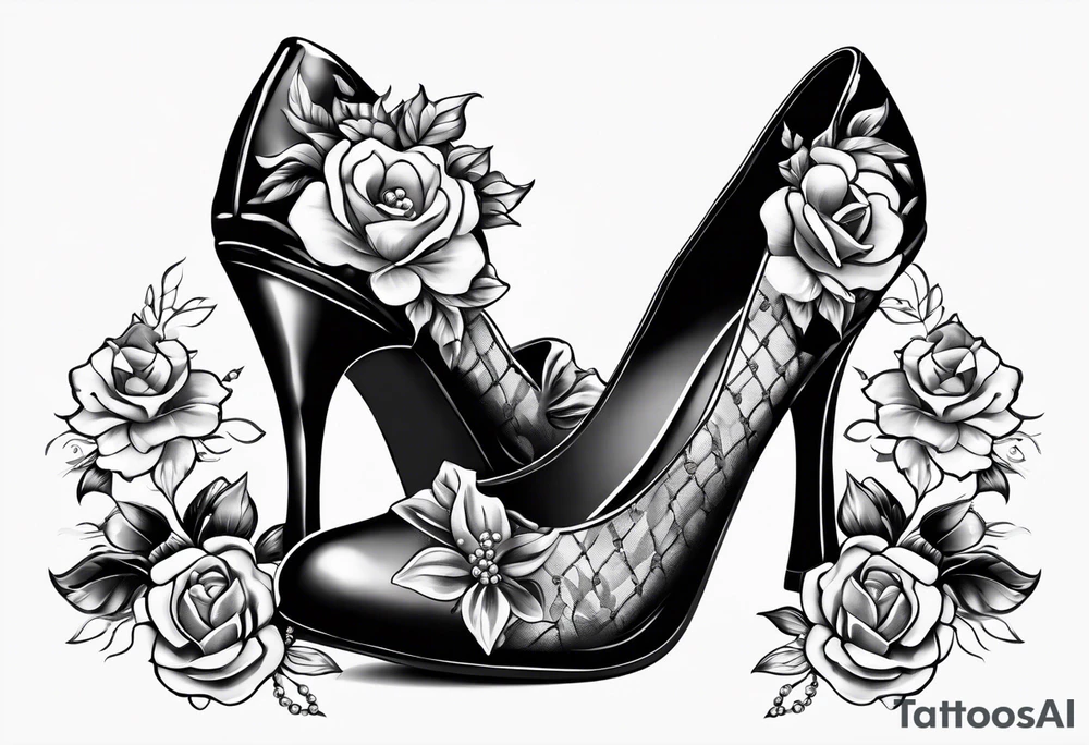 1950s pinup pumps with flowers, pearl necklaces, bows, and lace tattoo idea