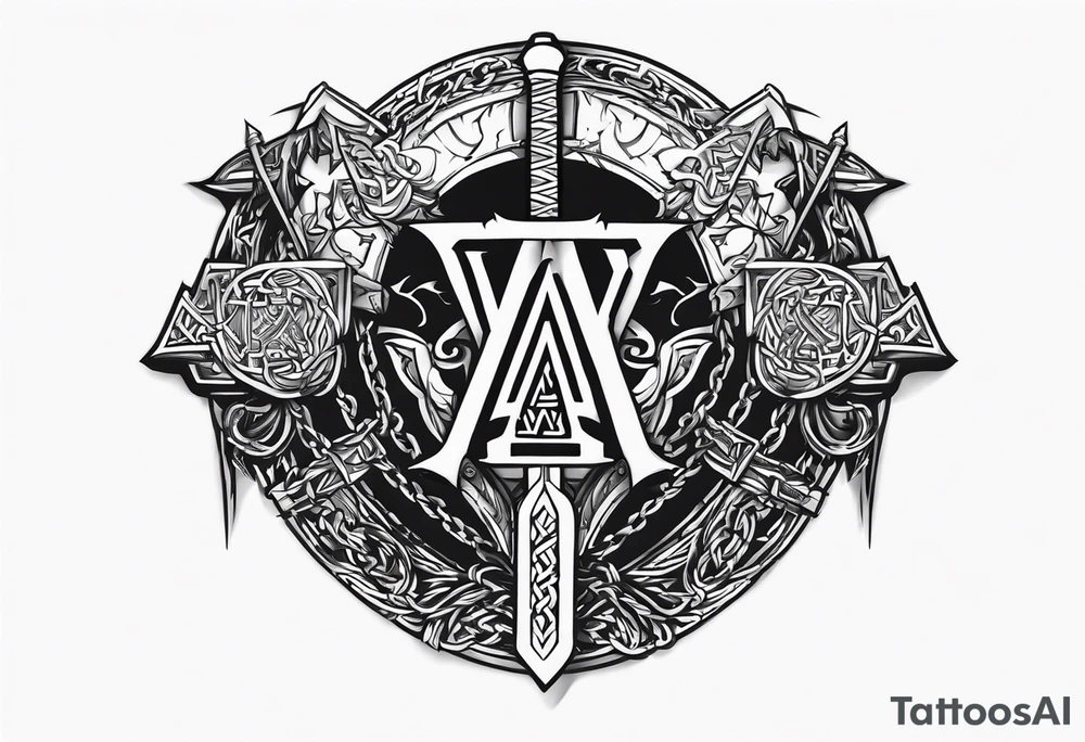 Valhalla sword round
shield axe barbed wire chains dark cloud valknut tattoo idea
