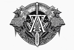 Valhalla sword round 
shield axe barbed wire chains dark cloud valknut tattoo idea