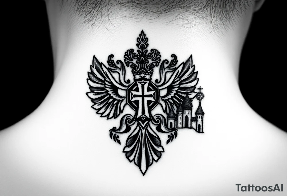 russian coat arms in a russian christian orthodox cross with the cross in the middle with a virgin mary & orthodox dome church on the side of the neck tattoo idea