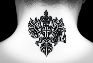 russian coat arms in a russian christian orthodox cross with the cross in the middle with a virgin mary & orthodox dome church on the side of the neck tattoo idea