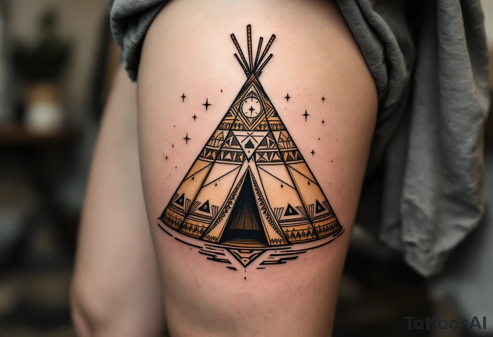 A brown and beige tipi with geometric tribal patterns along the canvas. tattoo idea