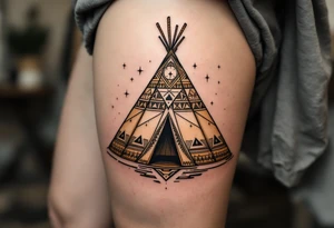 A brown and beige tipi with geometric tribal patterns along the canvas. tattoo idea