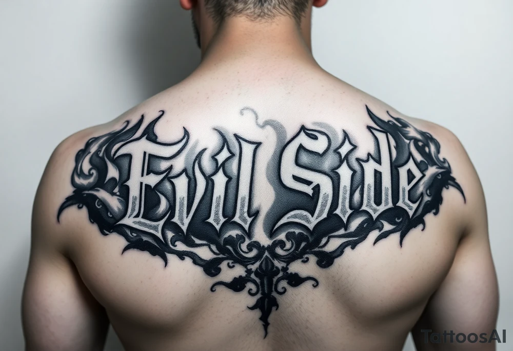 powerful bold cover up saying Evil Side black and with shading and smoke around it gangsta writing old english tattoo idea