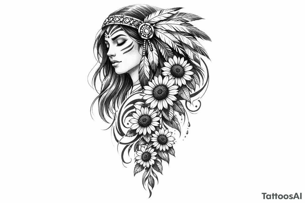 Tribal Indian with cascading sunflowers tattoo idea