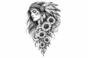 Tribal Indian with cascading sunflowers tattoo idea