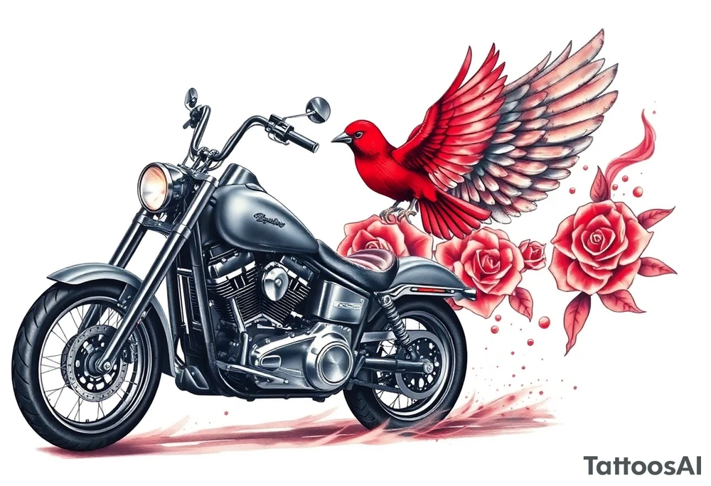 Harley grey motorcycle driving away, two red birds flying, roses, flames, angel wings tattoo idea