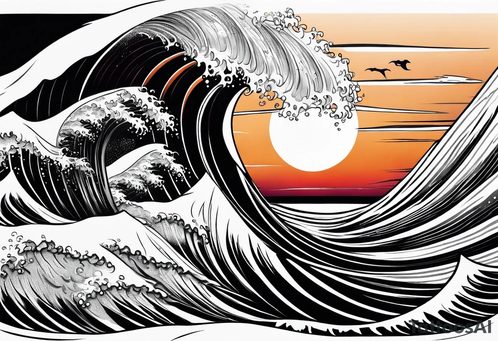 Ocean wave at sunset tattoo idea