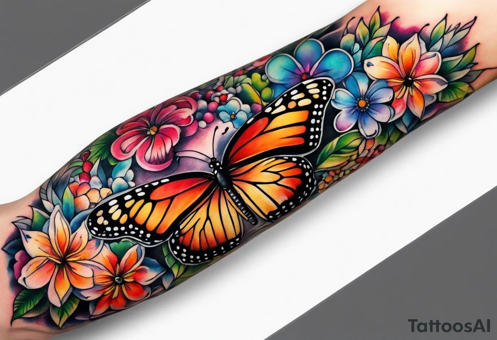 Arm sleeve with rainbow flowers and butterflies tattoo idea