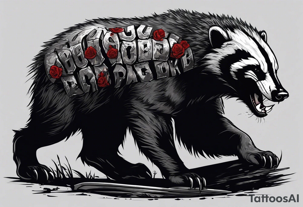 Draw me psychopath Honey Badger/Berserker/Assasin with aggressive full body, killer face with a scary smile, very long nails and he attacks like a Bloody Assassin/Warrior/Gladiator to us and also, he has very deadly looking. He fights with his nails only. Everybody scares after their first sight. Give me horror type Badger Tattoo. I want to see his Realistic full body with no weapons. You can show destruction at the back. tattoo idea