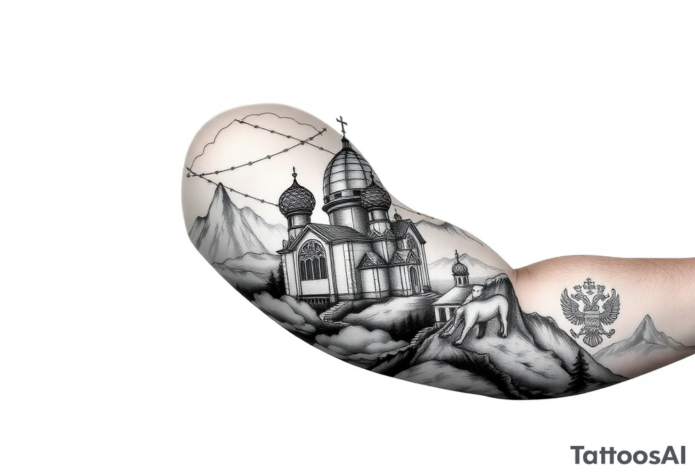 russian orthodox christian left arm tattoo with st basils cathederal in a mountainous setting with clouds with a russian coat of arms tattoo idea