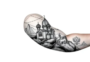 russian orthodox christian left arm tattoo with st basils cathederal in a mountainous setting with clouds with a russian coat of arms tattoo idea