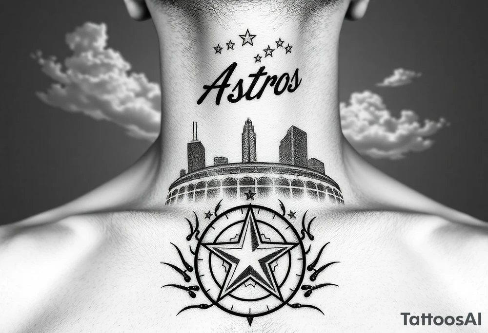 Houston texas skyline Behind houston astrodome leading up neck, stars nighttime stars and clouds, Houston Astros cursive in sky, Houston Astros star on neck, Benjamin Franklin money roll space suit tattoo idea