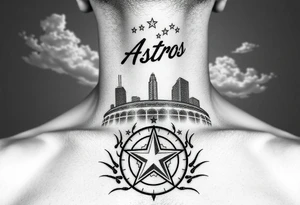 Houston texas skyline Behind houston astrodome leading up neck, stars nighttime stars and clouds, Houston Astros cursive in sky, Houston Astros star on neck, Benjamin Franklin money roll space suit tattoo idea
