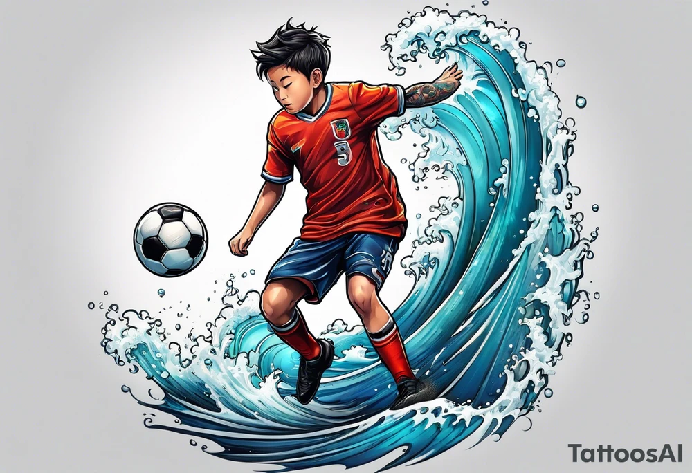 kid playing soccer in ocean with goal post tattoo idea