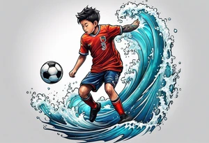 kid playing soccer in ocean with goal post tattoo idea