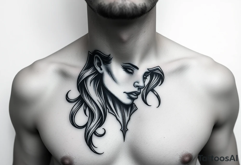 Feminine Tattoo female with horns just barley touching collarbone with a lot of shading tattoo idea
