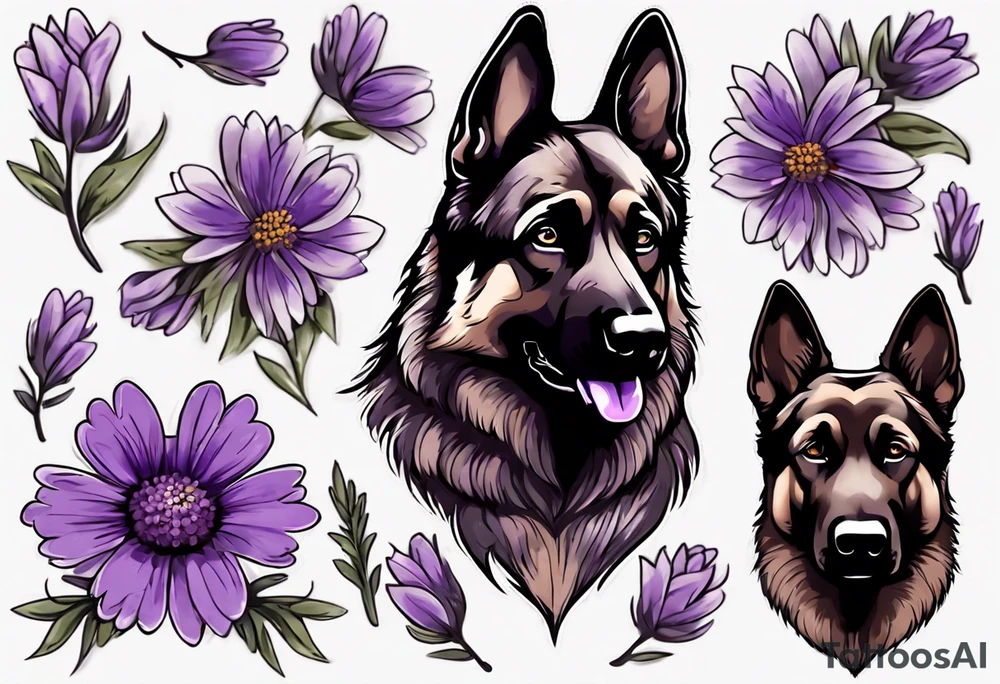 Dark brown, German shepherd with purple daisies tattoo idea