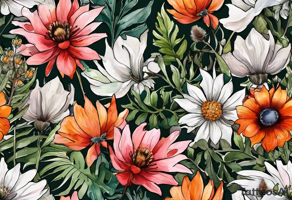 wildflowers with thistles, ferns, white flowers, cream flowers, sun flowers, orange flowers, green flowers, pink flowers, red flowers, berries and all in watercolor tattoo idea