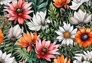 wildflowers with thistles, ferns, white flowers, cream flowers, sun flowers, orange flowers, green flowers, pink flowers, red flowers, berries and all in watercolor tattoo idea
