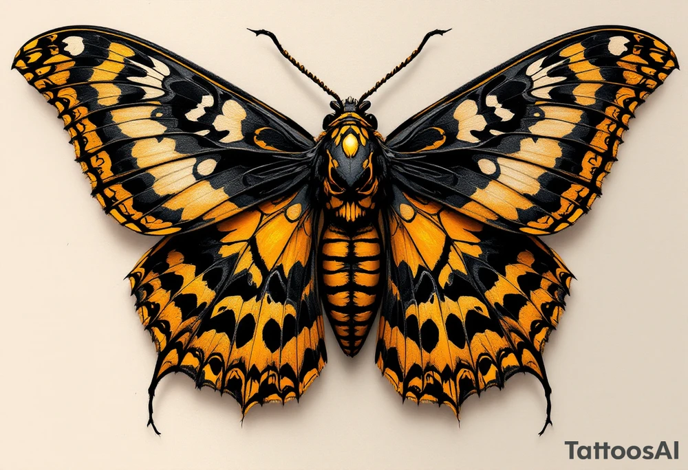 A highly detailed hawkmoth with deep black and golden-yellow wings, featuring intricate patterns resembling skull-like markings. The moth’s body is shaded with rich brown and subtle hints of burnt orange, adding depth and realism. tattoo idea