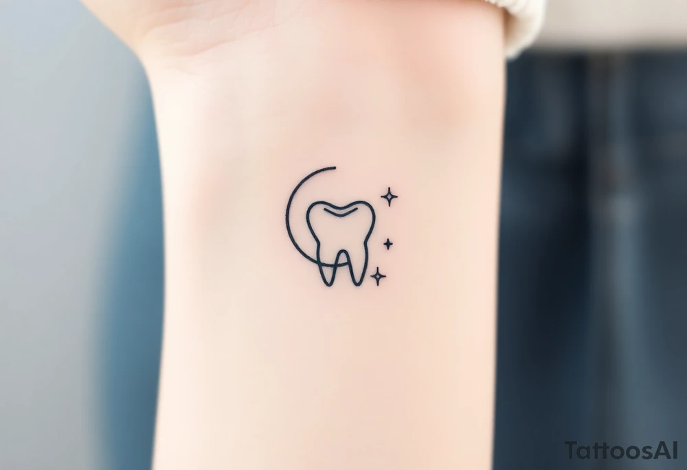 Fine-line, minimalist tattoo of a small molar tooth delicately cradled by a thin crescent moon, with two tiny sparkling stars floating nearby. Very subtle dot-work shading only at the base of the tooth for depth. Clean black-ink line-art, airy and elegant, designed for a small behind-the-ear placement tattoo idea