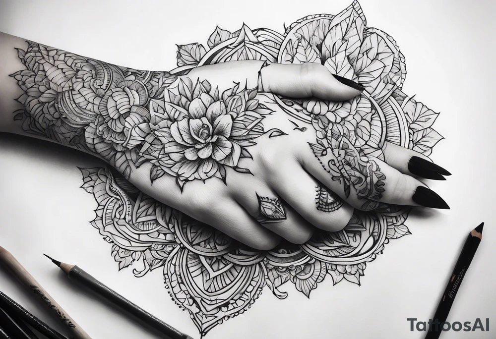 A womans hand holding fire tattoo idea