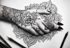 A womans hand holding fire tattoo idea